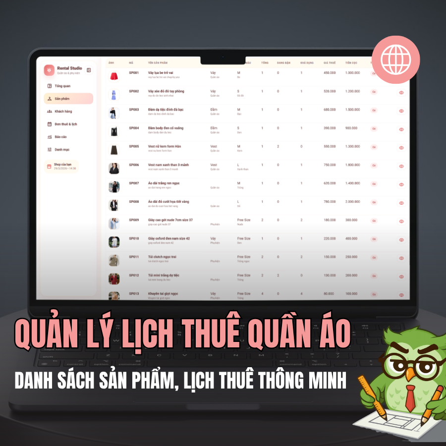 Web App - Quản lý thuê quần áo & phụ kiện thông minh, giúp quản lý thông tin khách hàng, lịch thuê nhanh chóng